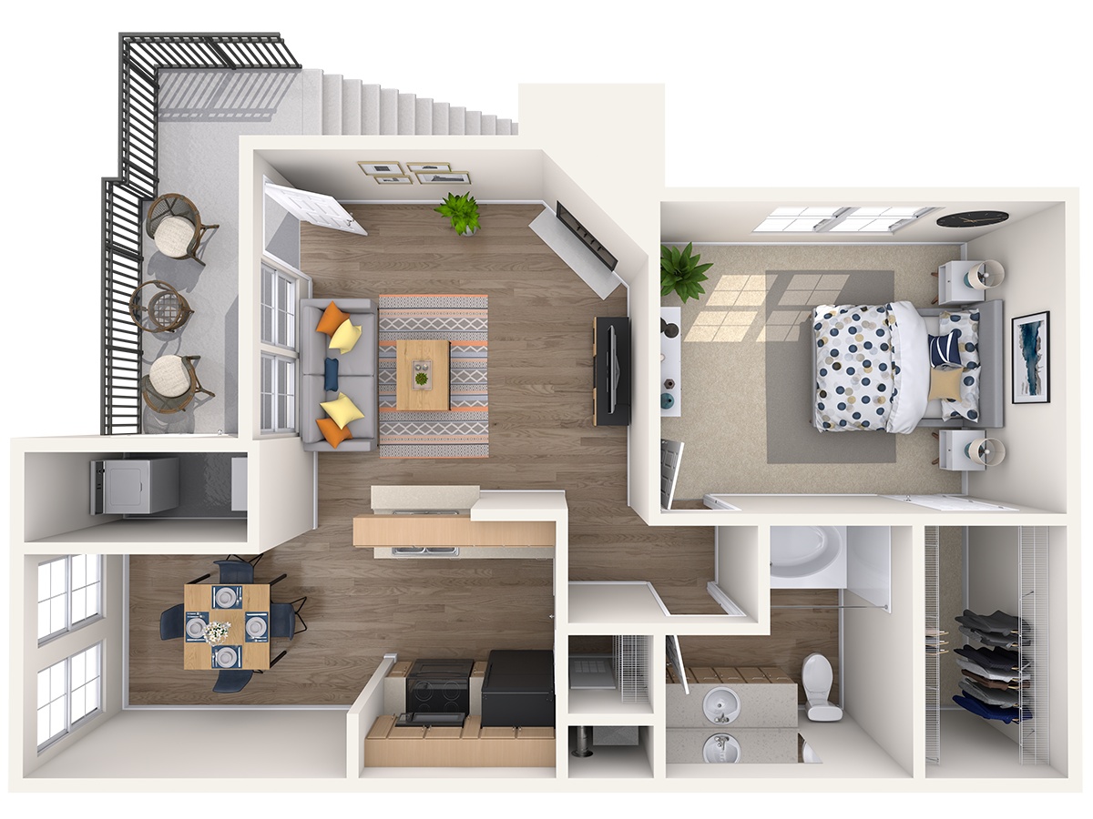 Floor plan for 1 bed, 1 bath, 748 sqft